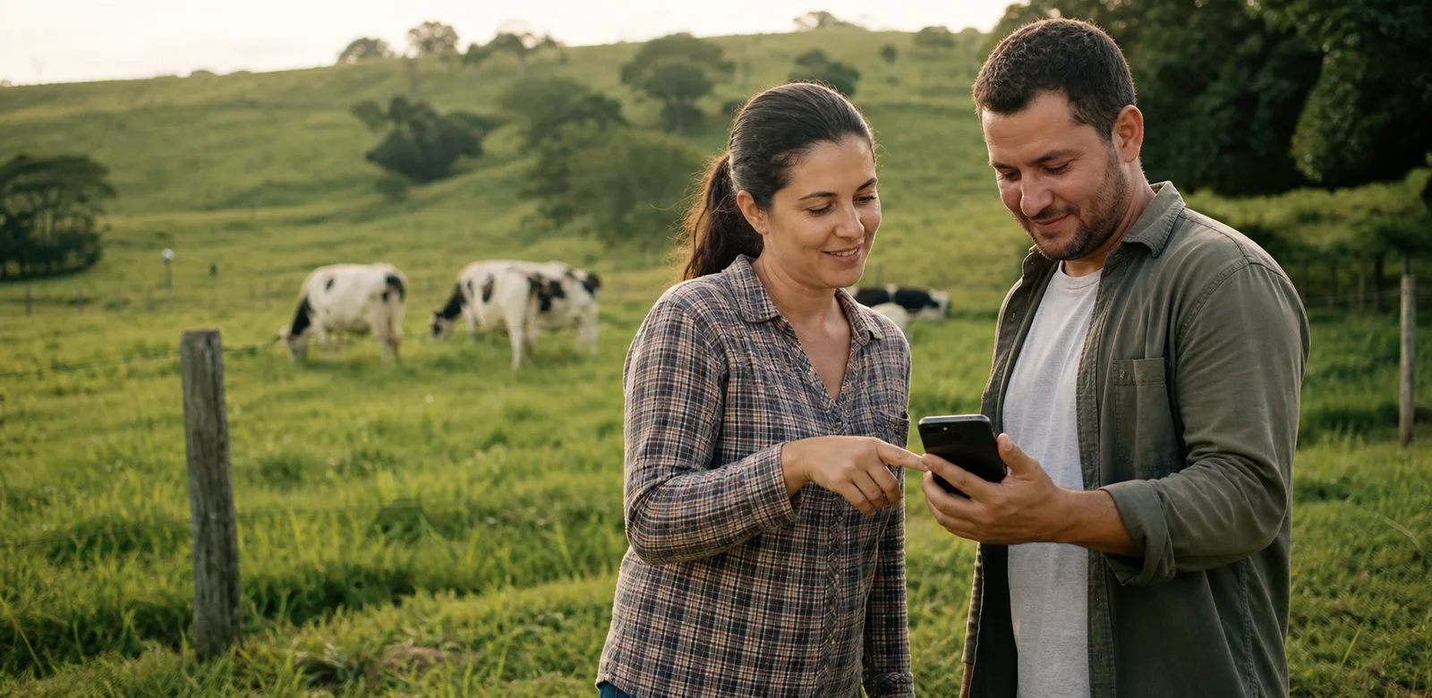 Produtores rurais compartilhando informações pelo celular com o rebanho ao fundo